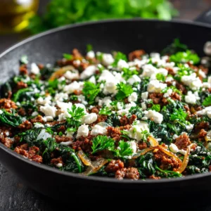 A close-up shot of the savory ground beef and spinach skillet, showing the texture of the cooked beef, wilted spinach, and diced tomatoes.