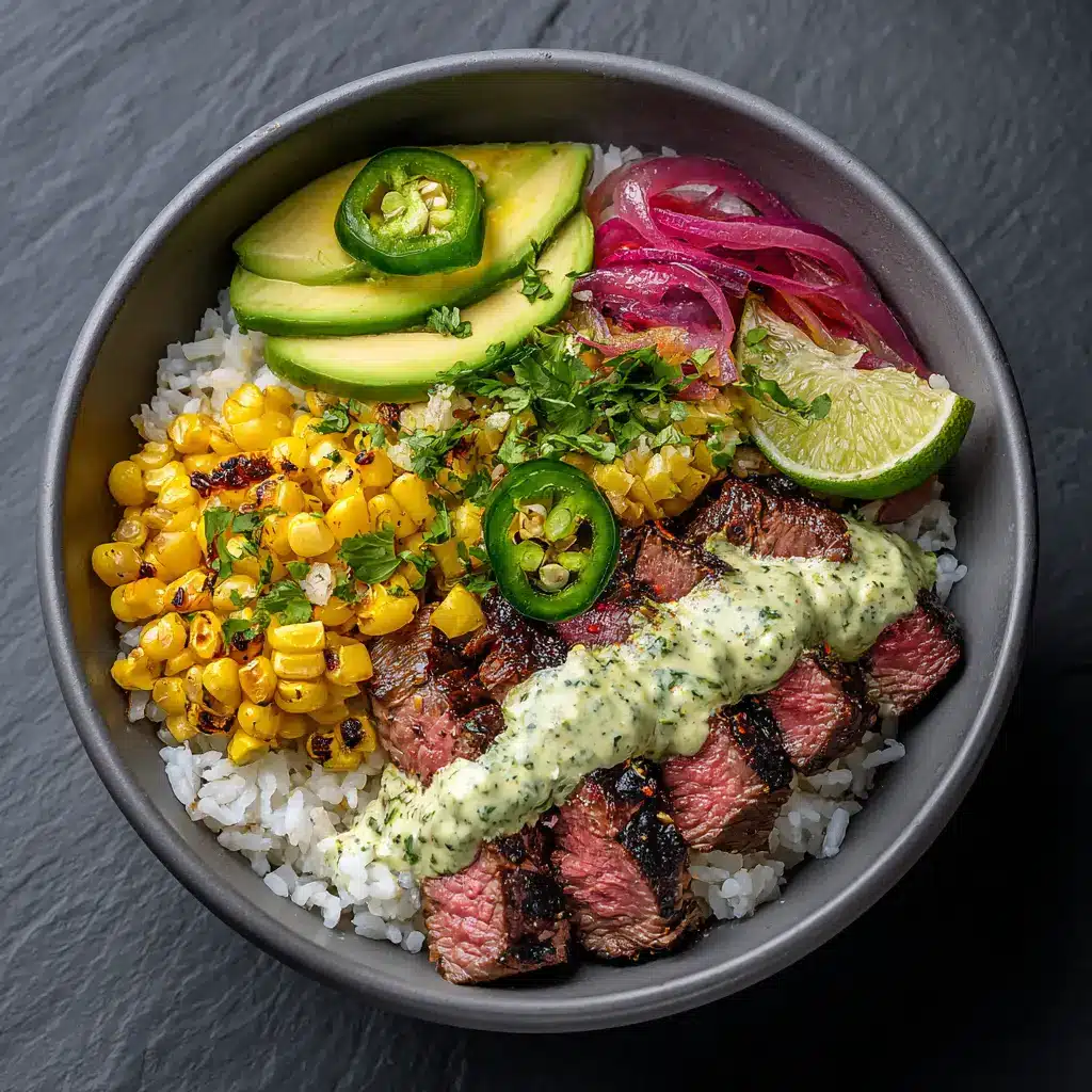 Steak Avocado Bowl: The Ultimate Healthy Recipe 2 An overhead view of the assembled healthy steak bowl, showing all the colorful ingredients like steak, avocado, and tomatoes arranged neatly.
