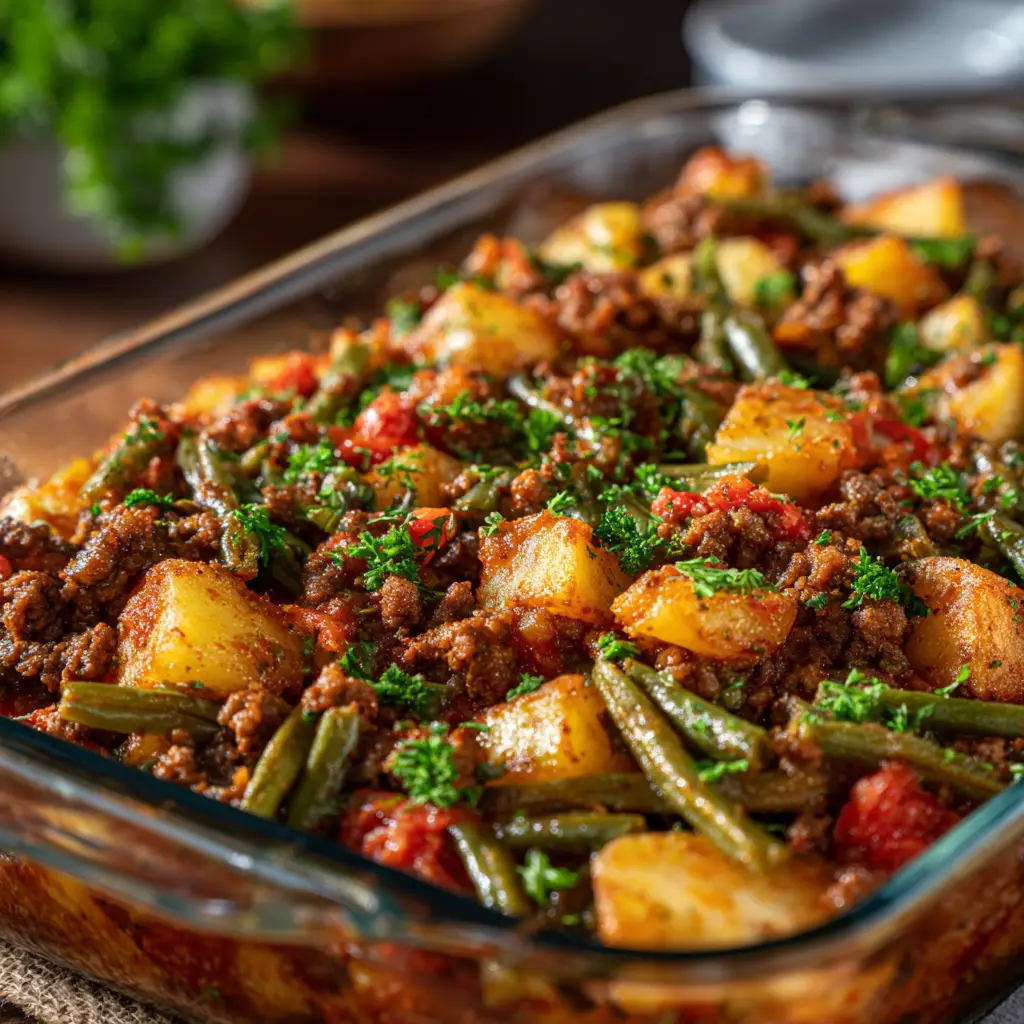 A close-up shot of a serving of Hobo Casserole on a plate, revealing the tender potato, savory ground beef, and vegetable layers under the melted cheese.