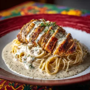 A close-up shot of fettuccine being tossed in a skillet with creamy homemade alfredo sauce and sliced chicken.