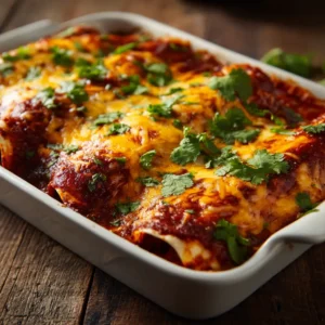 A baking dish filled with homemade shredded beef enchiladas, topped with a generous amount of melted cheddar and Monterey Jack cheese and red sauce.