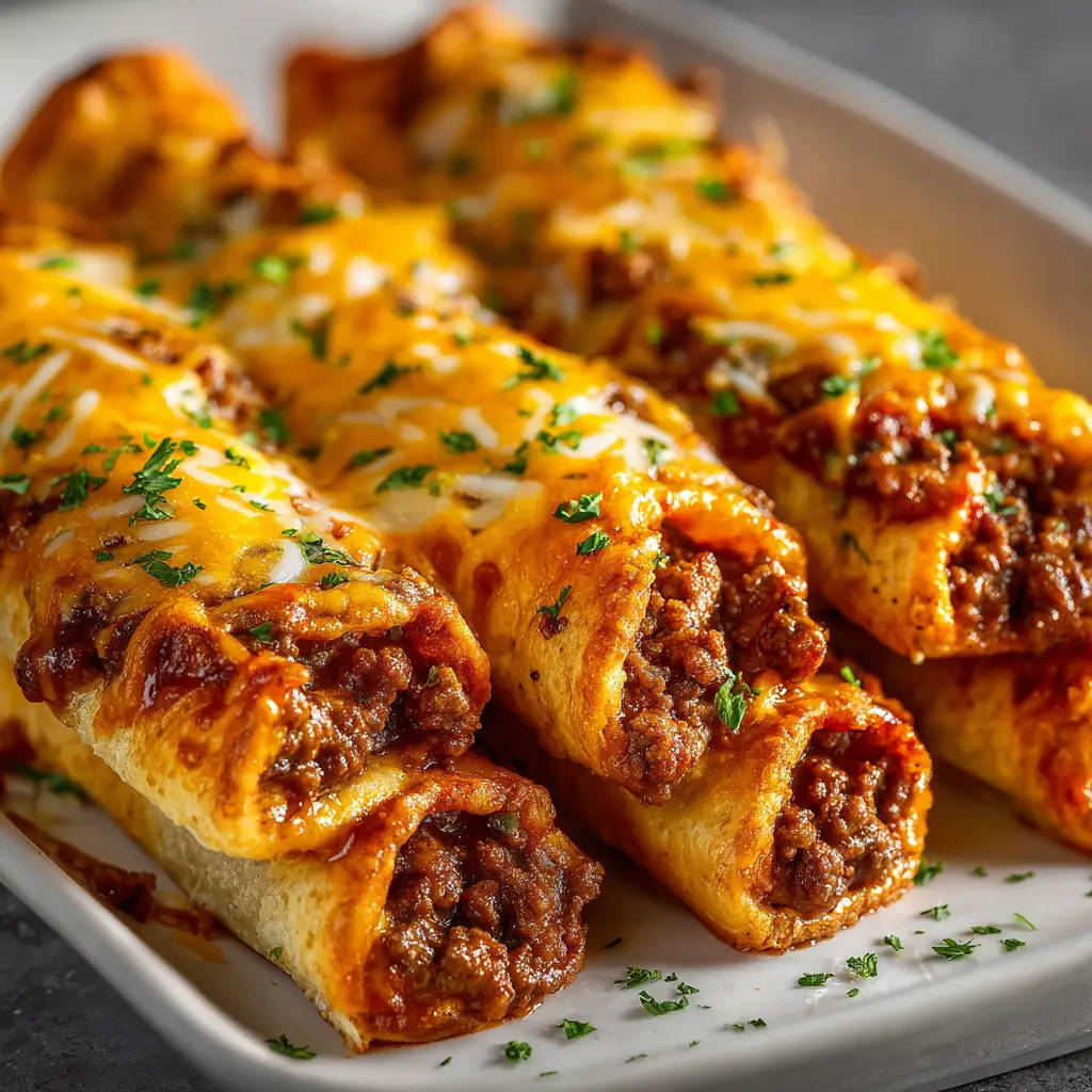 A close-up shot of homemade taco roll ups, showcasing the flaky crescent roll crust and savory beef and cheese filling.