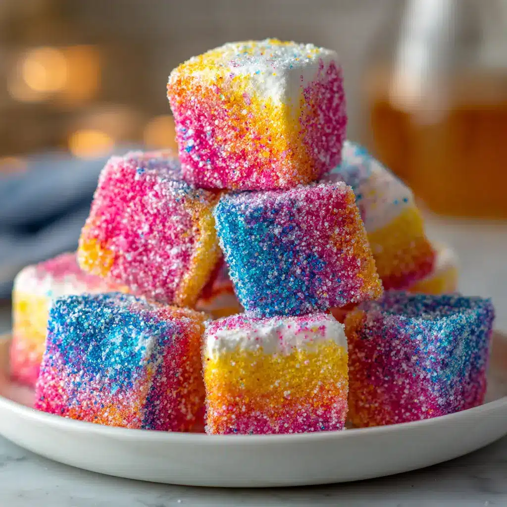 A close-up shot of homemade tangy marshmallows coated in a colorful red and blue fizzy powder, showcasing their soft texture.