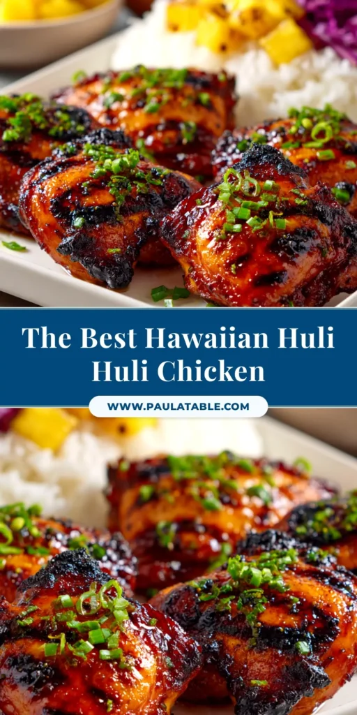 A skewer of perfectly grilled Huli Huli Chicken with a glossy, caramelized pineapple glaze, garnished with sesame seeds and green onions. | Paula_Table