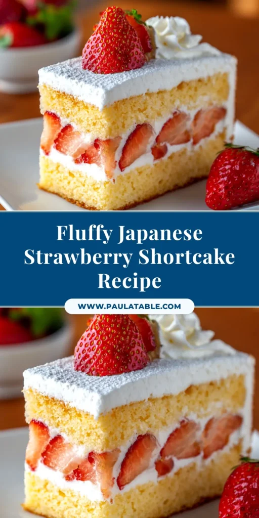 A beautiful Japanese Strawberry Shortcake on a white plate, ready to be shared on Pinterest. The cake features layers of fluffy sponge, whipped cream, and fresh strawberries.