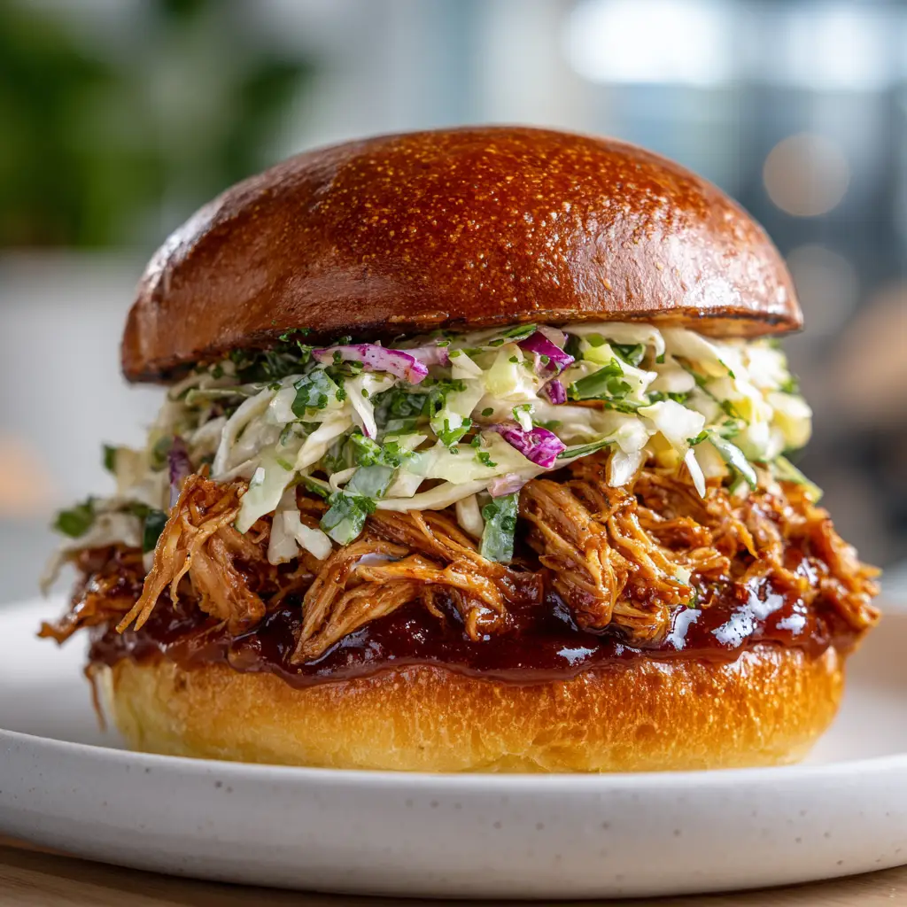 An extreme close-up of juicy, tender shredded BBQ chicken, highlighting the rich texture of the sauce and meat.