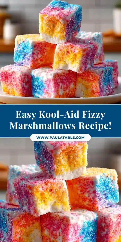 Kool-Aid Fizzy Marshmallows: A Fun, Tangy, Bouncy Treat 3 A tall pin image showing vibrant, colorful Kool-Aid Fizzy Marshmallows piled in a bowl, with text overlay reading 'Easy Kool-Aid Fizzy Marshmallows Recipe'.