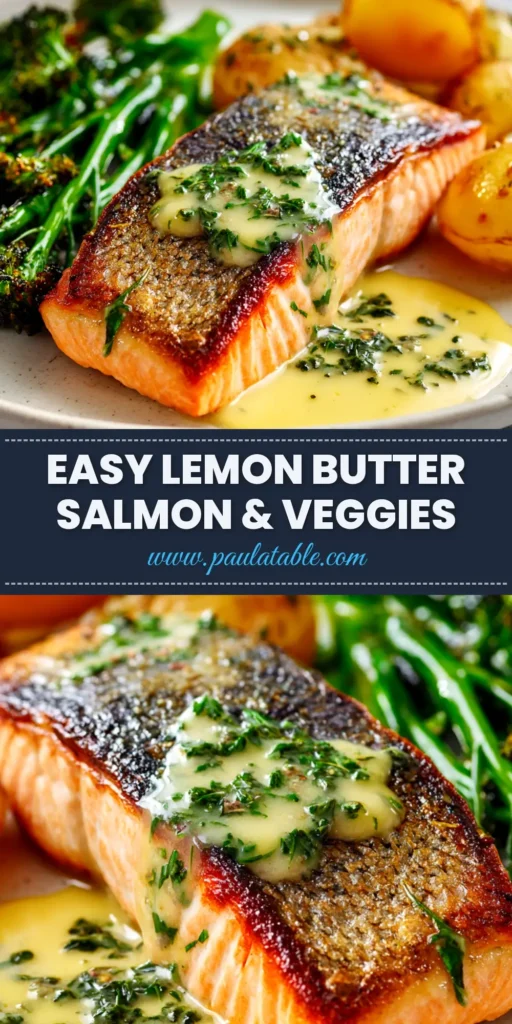 A pan-seared lemon butter salmon fillet topped with fresh parsley and lemon slices, presented on a white plate. The perfect quick and easy weeknight dinner idea.