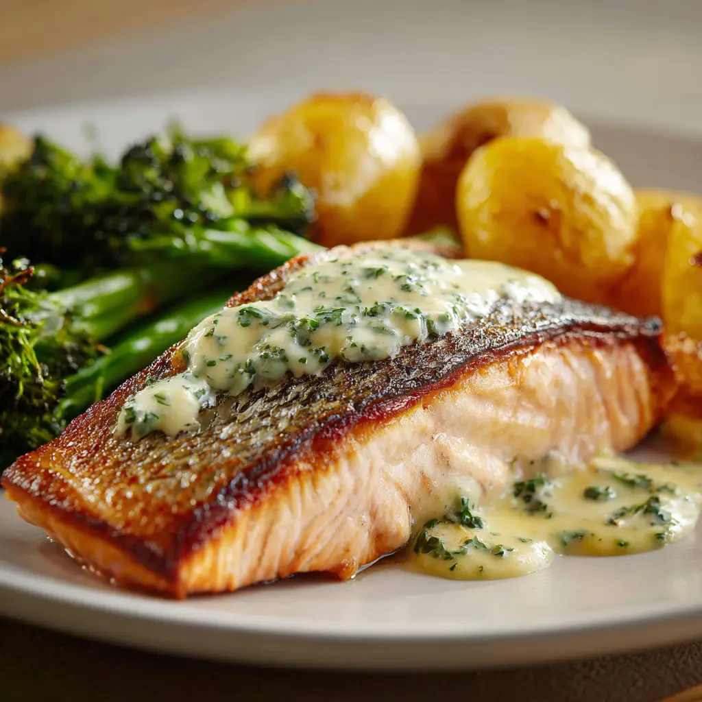 Lemon butter sauce being drizzled over a cooked salmon fillet in a skillet, a key step in this garlic butter salmon recipe.
