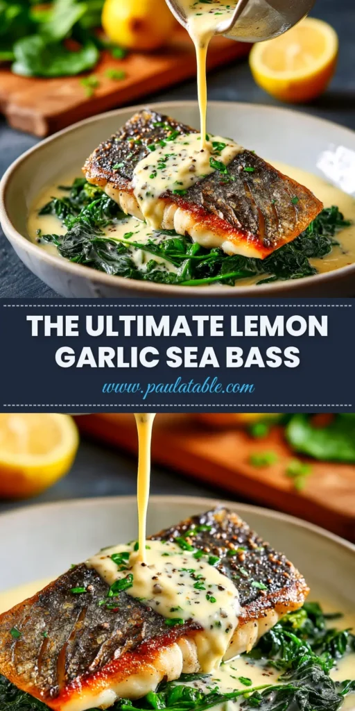 Lemon Garlic Sea Bass (Crispy Skin, 15 Minutes!) 3 An overhead shot of two Lemon Garlic Sea Bass fillets in a skillet, garnished with fresh lemon slices and parsley. The perfect quick and easy dinner recipe.