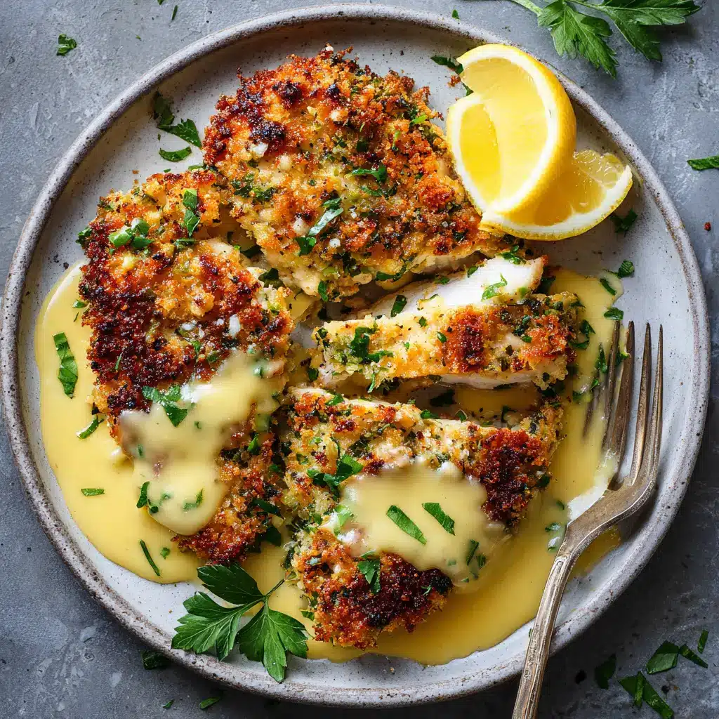 A serving of sliced Lemon Pecorino Crusted Chicken next to a fresh arugula salad and lemon wedges, ready to eat.