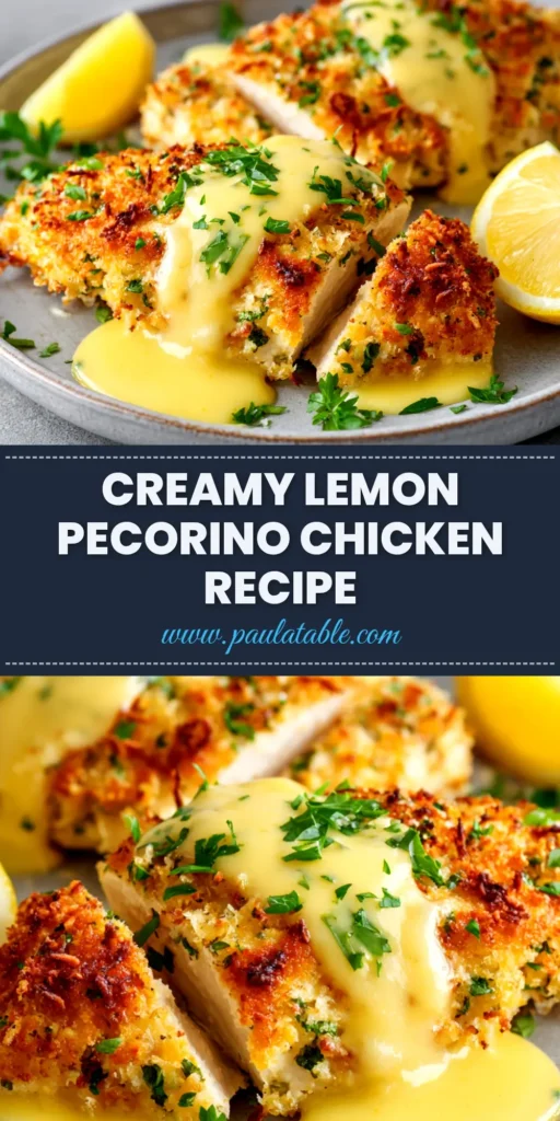 A close-up overhead shot of sliced Lemon Pecorino Crusted Chicken arranged on a white plate, garnished with fresh parsley and lemon wedges. The crust is golden-brown and crispy.