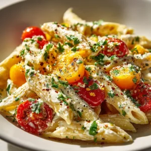 A close-up shot of penne pasta being tossed in a smooth lemon ricotta pasta sauce in a skillet.