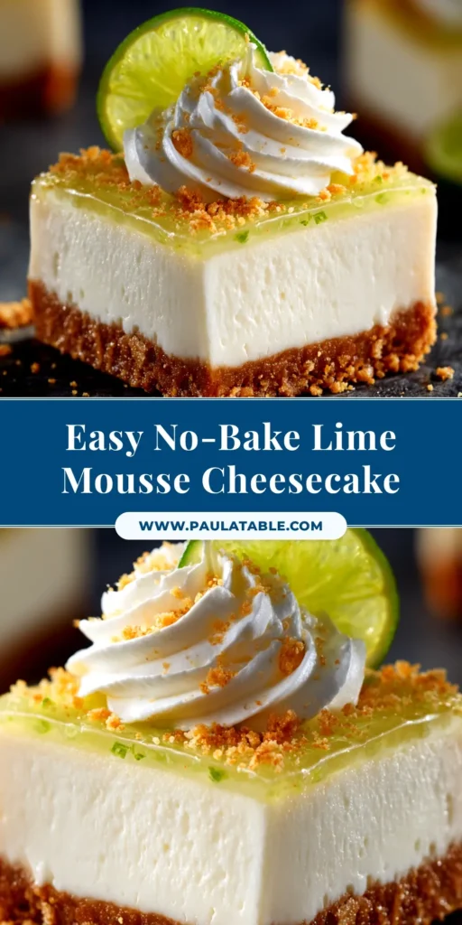 An overhead shot of a creamy, no-bake lime mousse cheesecake on a white plate, garnished with fresh lime slices and zest. The perfect refreshing dessert recipe.