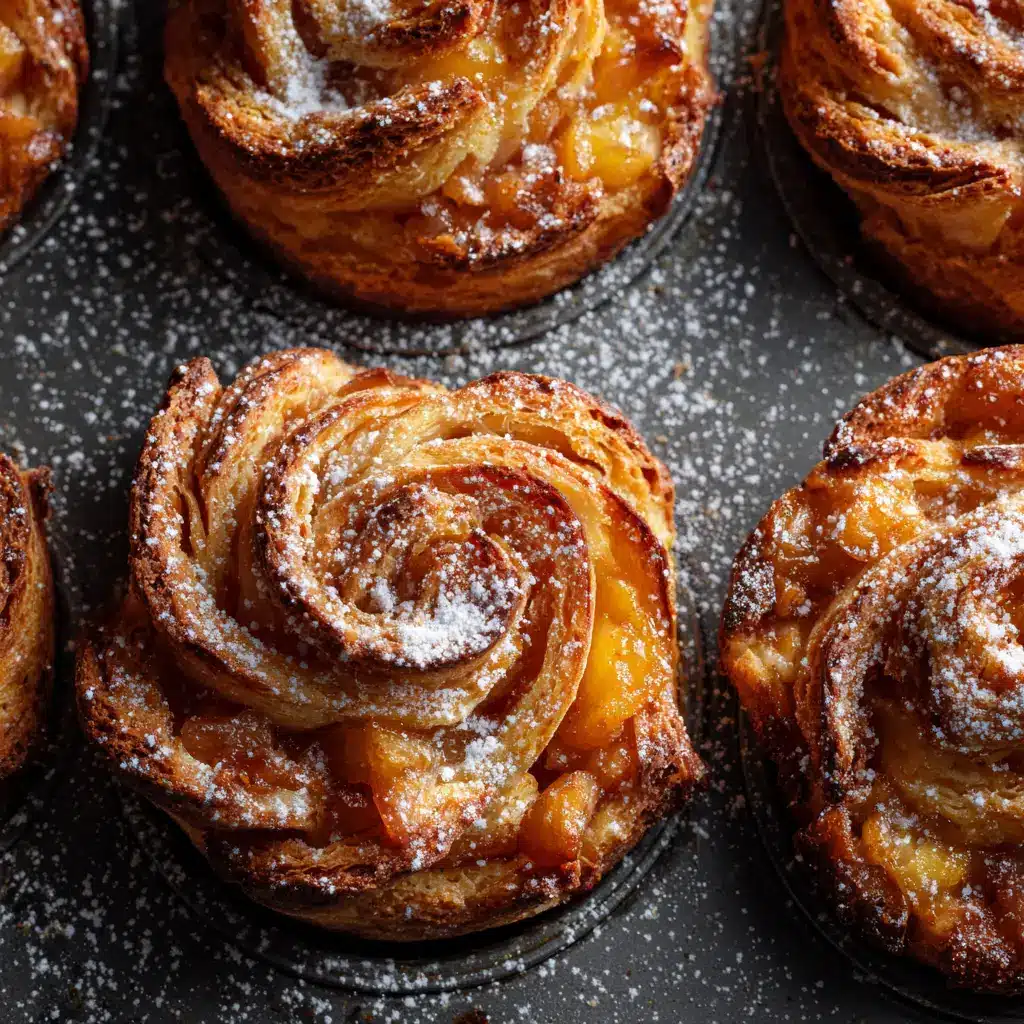 The process of assembling Peach Pie Cruffins, showing the peach filling spread over a sheet of puff pastry before being rolled.