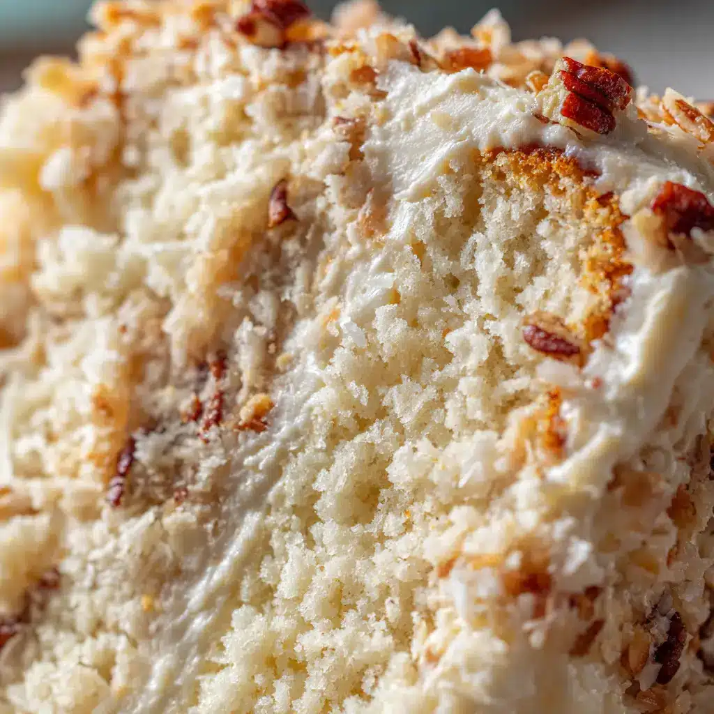 An overhead view of the homemade coconut pecan frosting being spread on a layer of white chocolate cake.