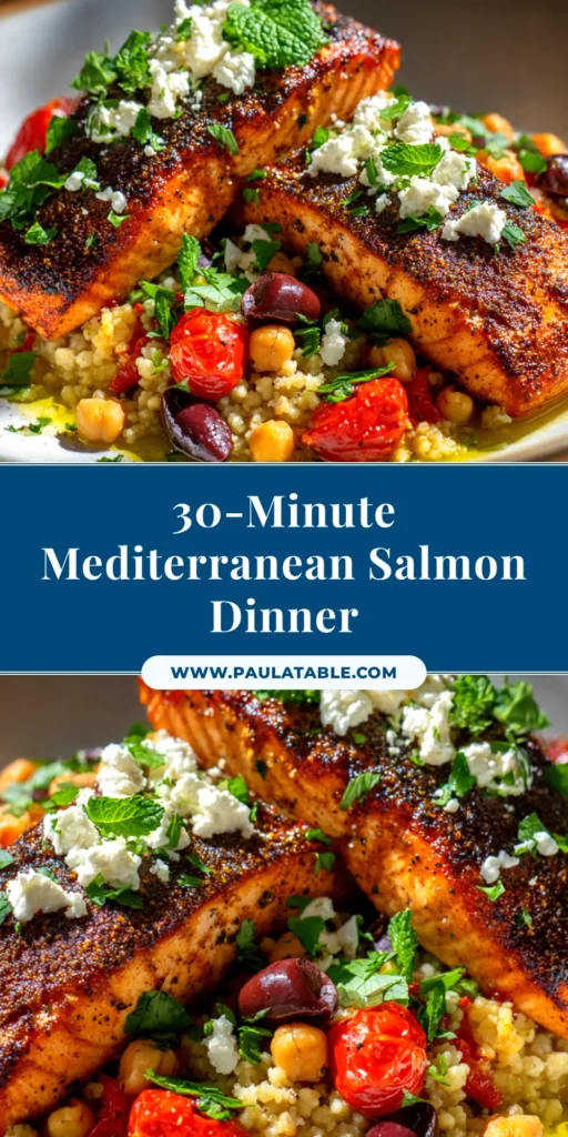 A beautiful platter of Mediterranean Salmon, topped with fresh herbs, cherry tomatoes, and feta cheese. The perfect healthy and easy weeknight dinner idea.