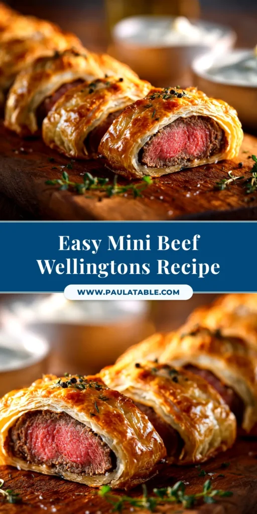 An overhead shot of perfectly baked Mini Beef Wellingtons arranged on a serving platter, showing the golden-brown puff pastry and a sprinkle of fresh herbs.