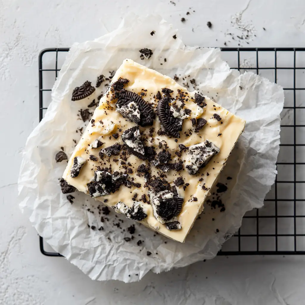 An overhead shot of the ingredients for no-bake Oreo fudge: white chocolate chips, sweetened condensed milk, and Oreo cookies.