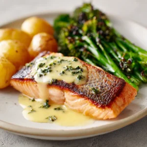 A close-up of a pan-seared salmon fillet showing the flaky, moist interior and golden-brown crust, part of an easy salmon recipe.