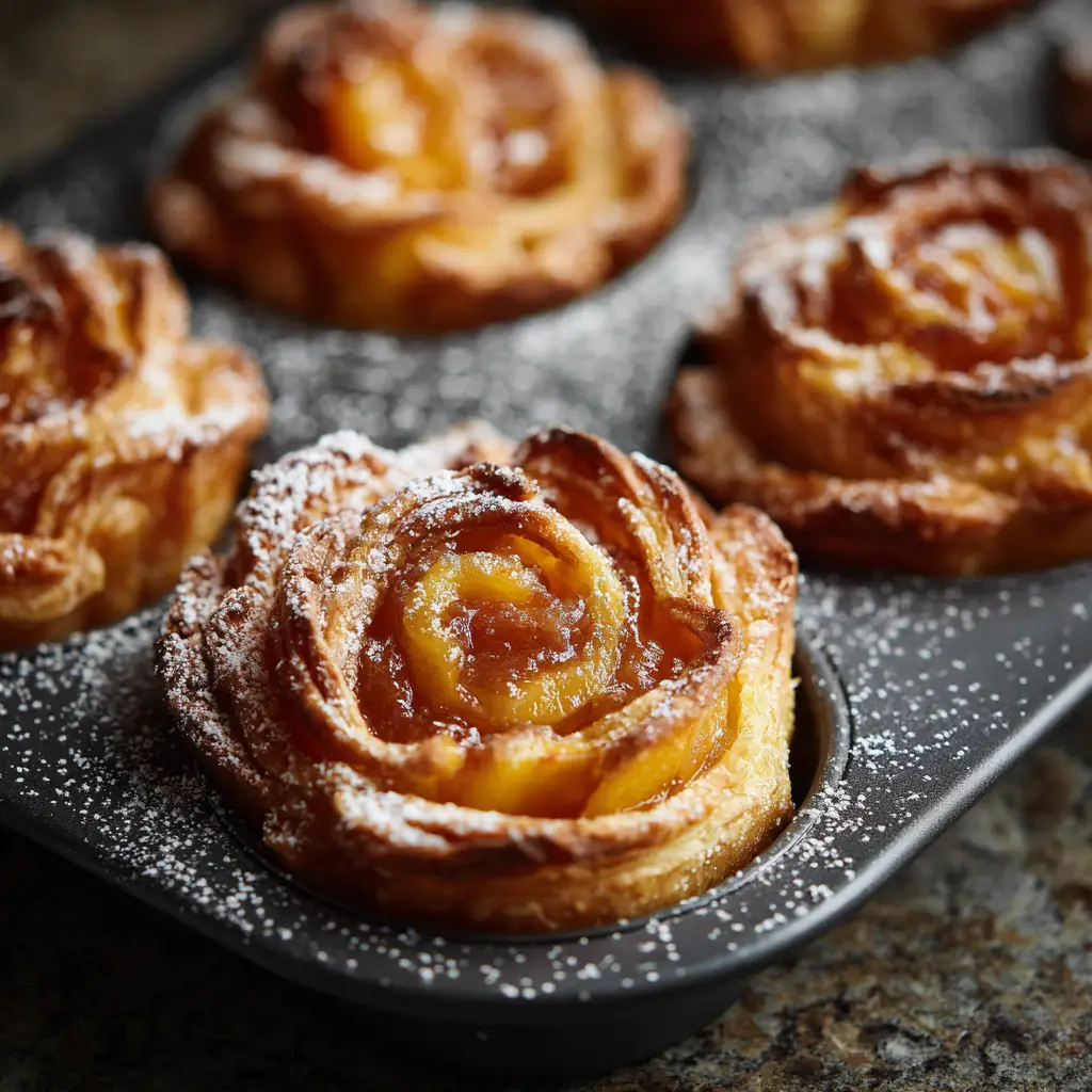 A close-up view of a single Peach Pie Cruffin, highlighting the flaky layers of puff pastry and the juicy peach filling.