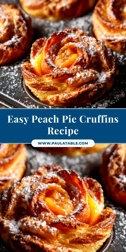 An overhead shot of golden-brown Peach Pie Cruffins arranged on a rustic wooden board, dusted with cinnamon sugar.