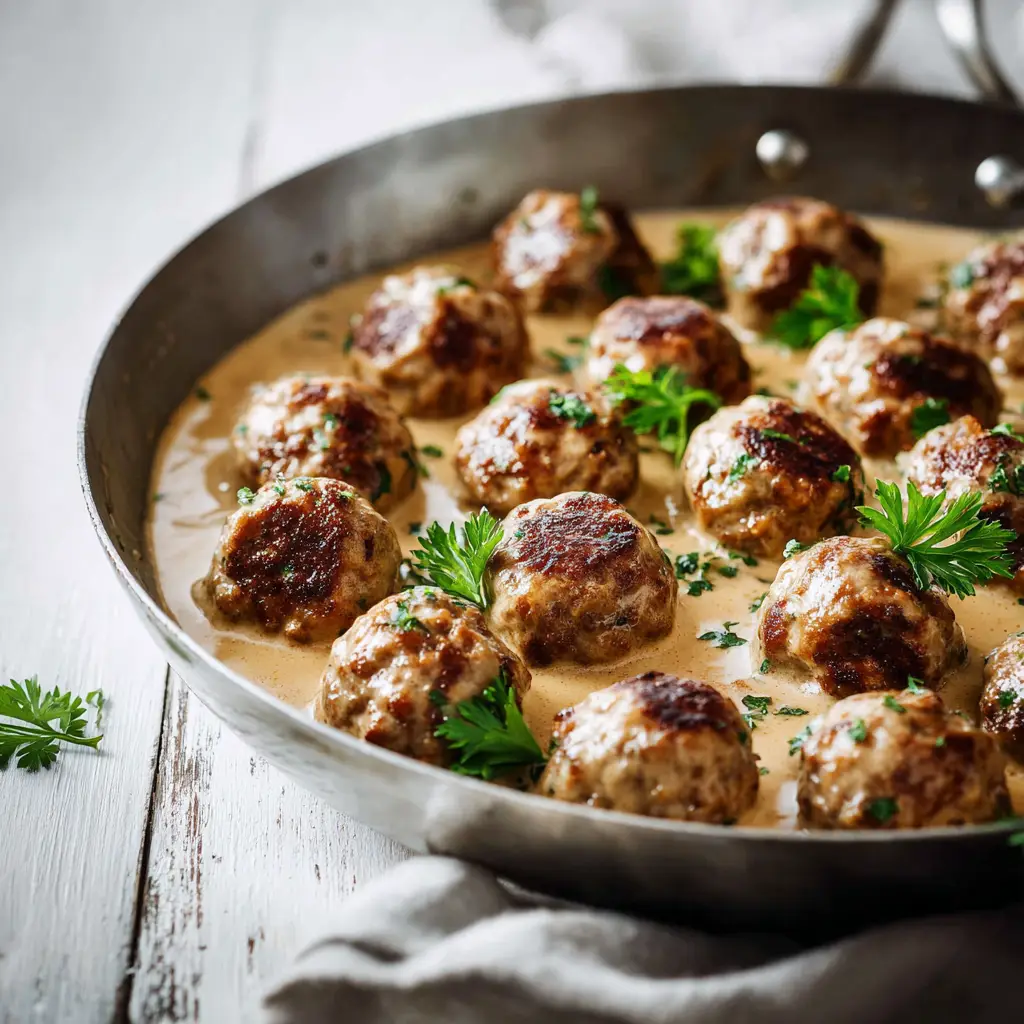 A beautiful serving of the finished Swedish meatballs recipe, garnished with fresh parsley and served over egg noodles.