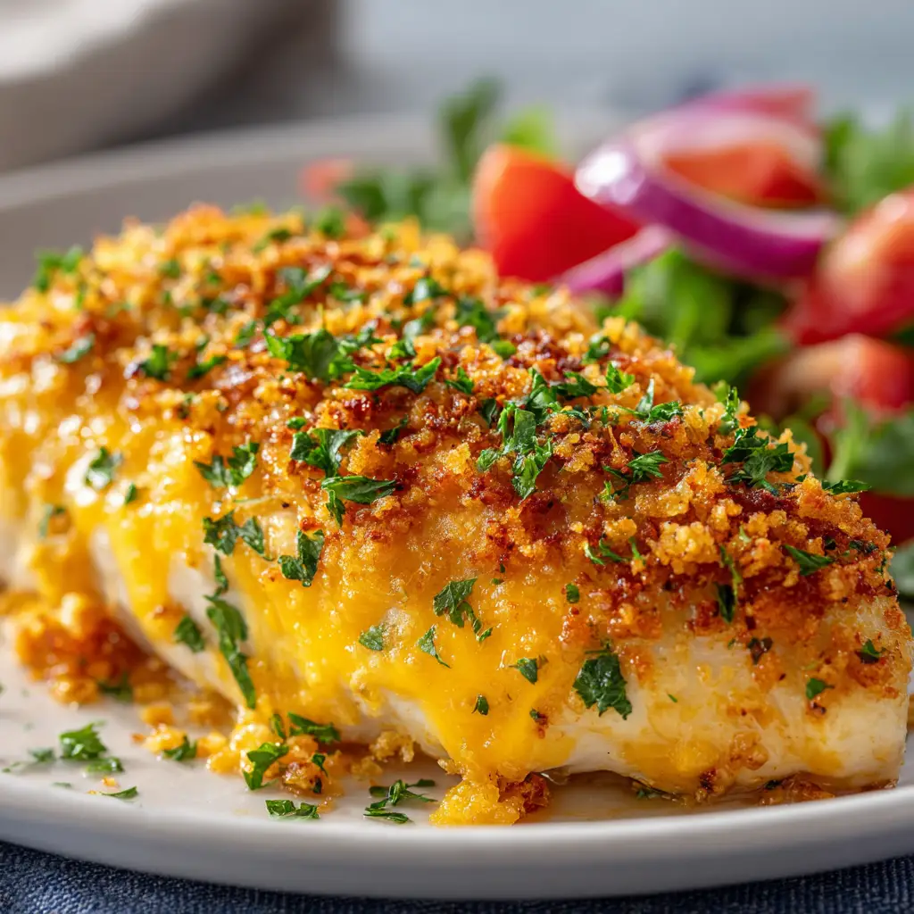The process of spreading the garlic and cheddar cheese topping over raw chicken breasts in a baking dish before cooking.