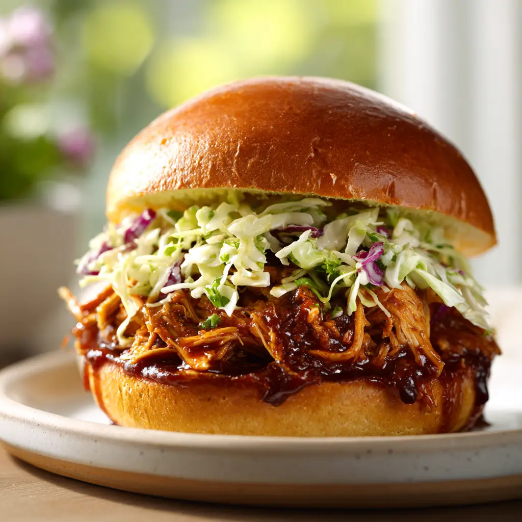 A fully assembled pulled chicken sandwich on a brioche bun, overflowing with saucy shredded chicken and a side of pickles.