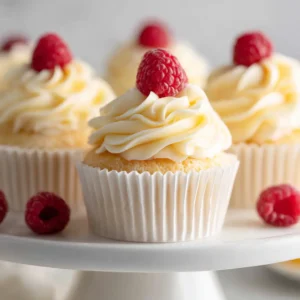 A close-up shot of several moist lemon cupcakes filled with raspberry and topped with a swirl of cream cheese frosting.