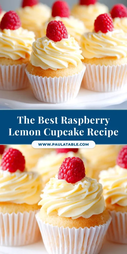 A beautiful platter of Raspberry Lemon Cupcakes, with creamy white frosting, fresh raspberry garnish, and a sprinkle of lemon zest, ready to be shared.