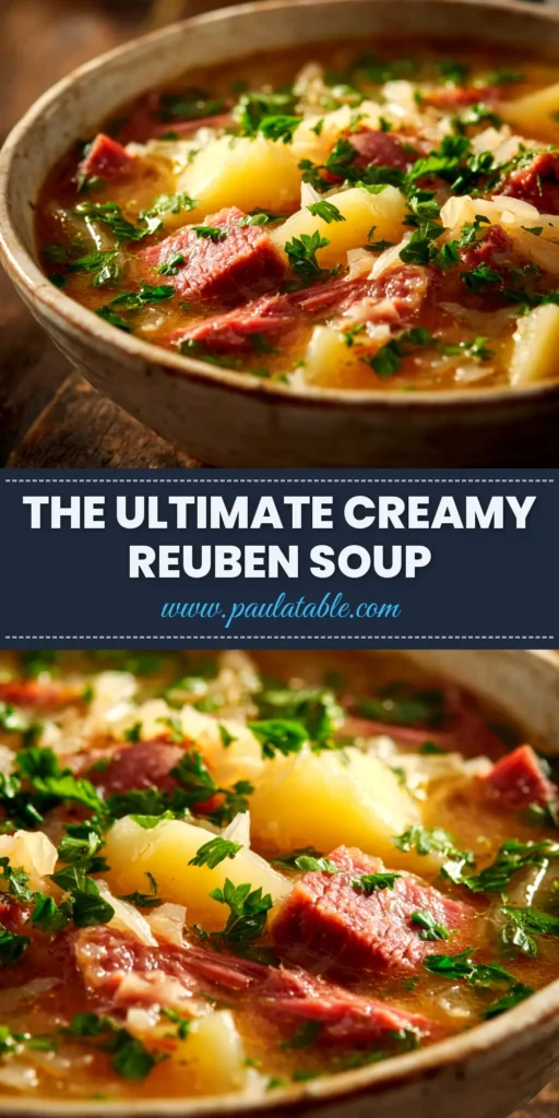 Reuben Soup Recipe: The Ultimate Comfort Food Mashup 4 A hearty bowl of creamy Reuben Soup recipe, garnished with rye croutons, melted Swiss cheese, and fresh parsley. The perfect comfort food meal.