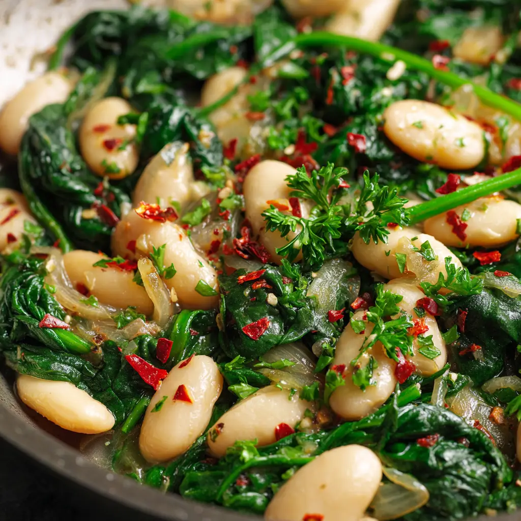 Spinach and White Bean Recipe (Simple & Savory) 2 A close-up shot of sautéed cannellini beans and spinach in a skillet, showing the creamy texture of the white bean and spinach skillet.