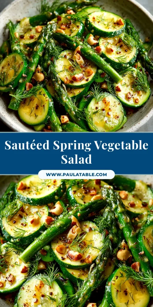 A beautiful overhead shot of a Sautéed Spring Vegetable Salad in a white bowl, featuring asparagus, peas, and radishes with a light vinaigrette.