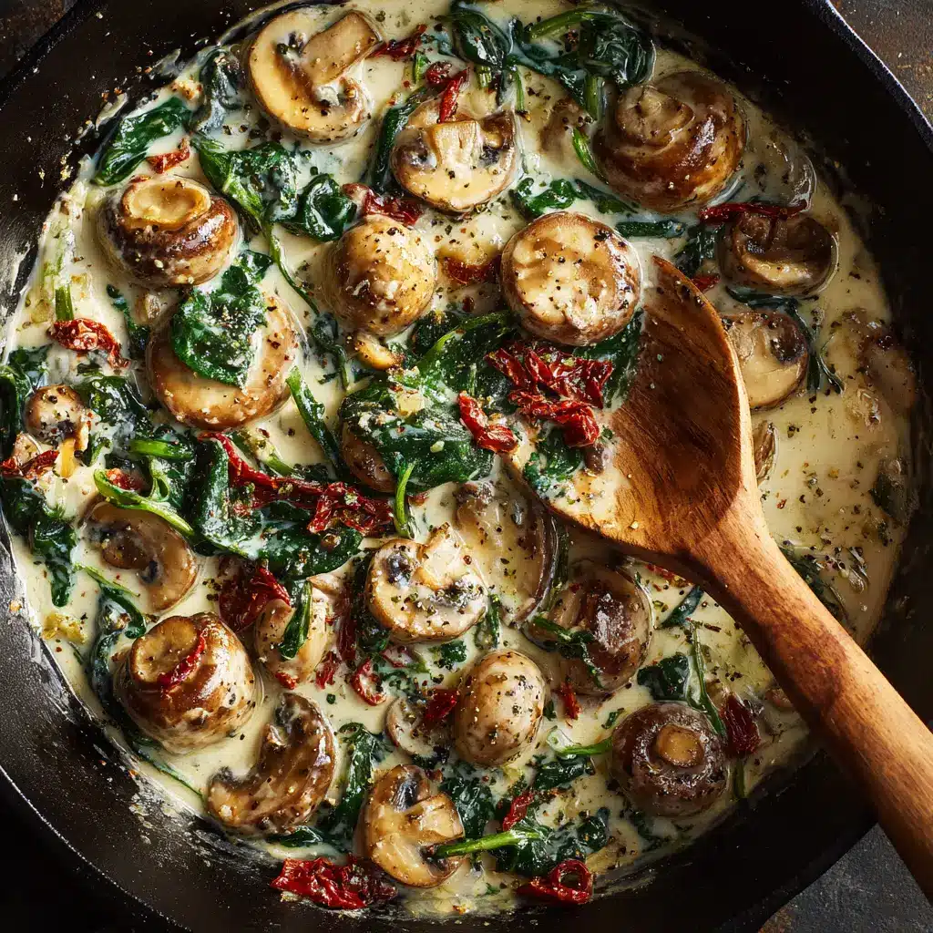 Sautéing cremini mushrooms in a skillet until golden brown, a key step for the Creamy Garlic Tuscan Mushrooms recipe.