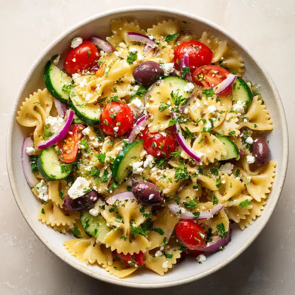 A close-up shot of the finished bow tie pasta salad being served onto a plate, highlighting the zesty Italian dressing coating the pasta and vegetables.