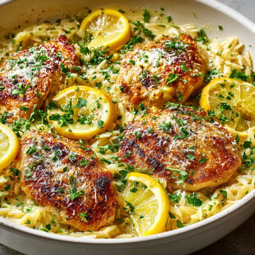 Creamy Lemon Chicken Orzo (The Ultimate One-Pan Dinner) 1 A shot of the one-pan lemon chicken orzo skillet being served onto a plate, garnished with fresh herbs.