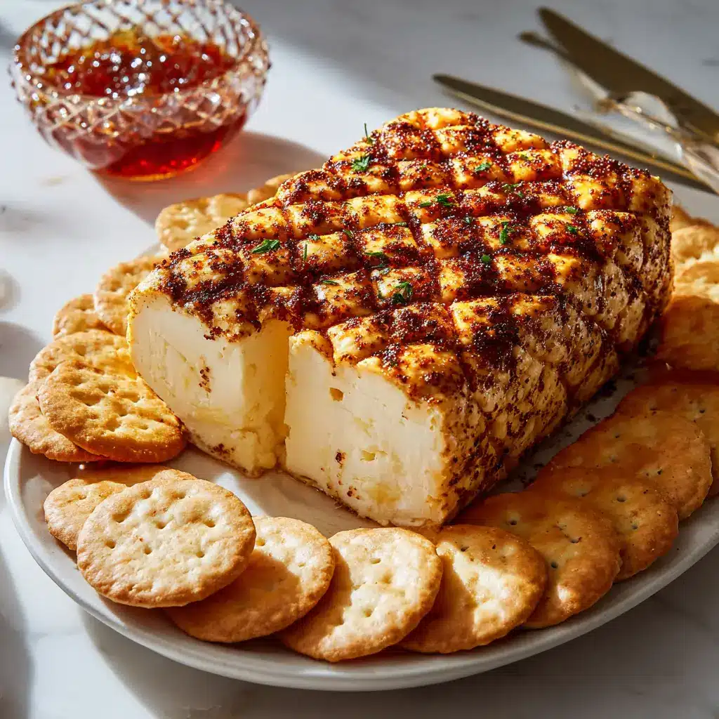 A finished block of creamy smoked cheese dip served on a platter with crackers for dipping.