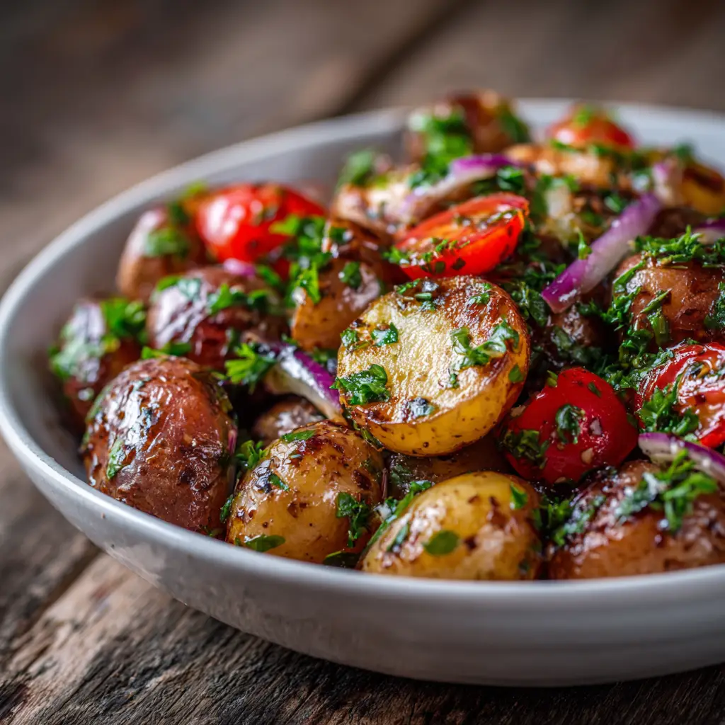 A serving spoon scooping up a portion of the warm balsamic potato salad from a bowl, ready to be served.