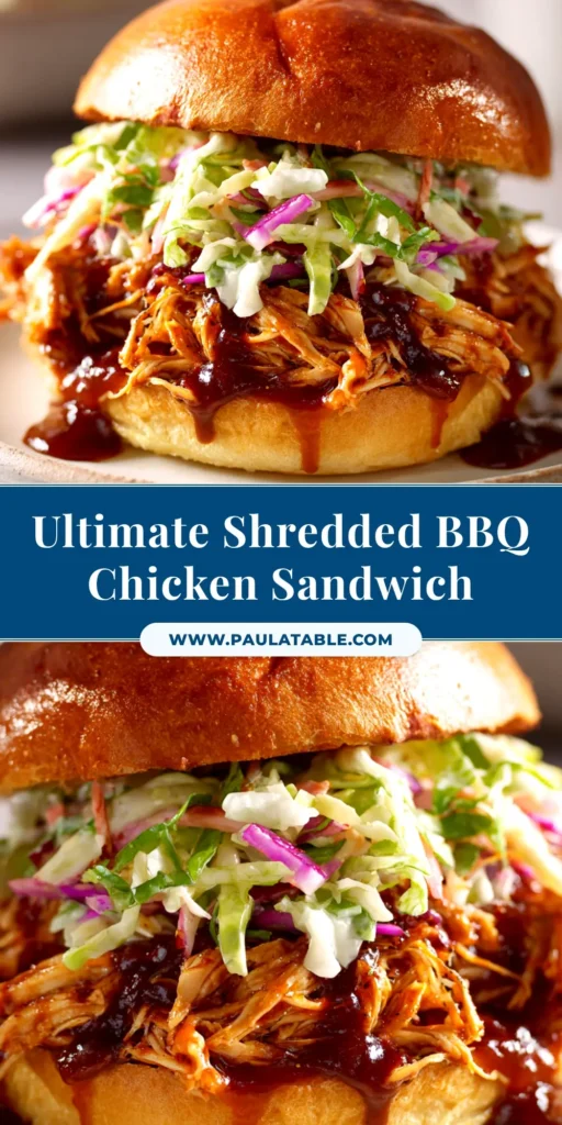 An irresistible Shredded BBQ Chicken Sandwich piled high on a toasted brioche bun with creamy coleslaw, shown against a clean background.