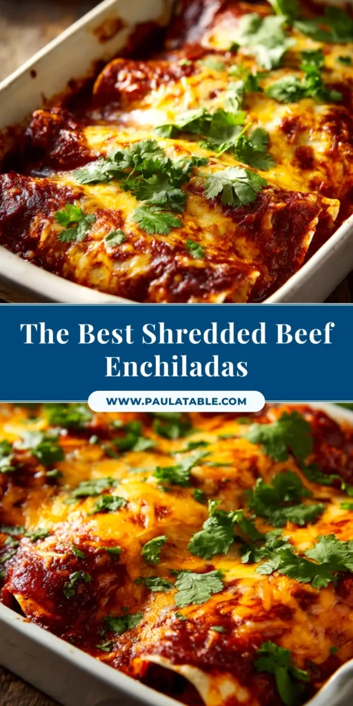 A close-up of cheesy shredded beef enchiladas in a baking dish, garnished with fresh cilantro. The enchiladas are covered in red sauce and melted cheese.