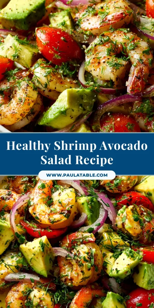 A vibrant Shrimp Avocado Salad in a white bowl, featuring plump shrimp, creamy avocado, and fresh cilantro. This easy recipe is perfect for a quick, healthy meal.