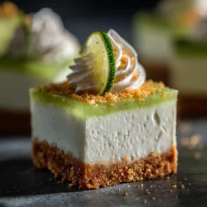 A perfect square slice of no-bake lime mousse cheesecake on a dessert plate. The texture is visibly light, creamy, and airy, with a buttery graham cracker crust.
