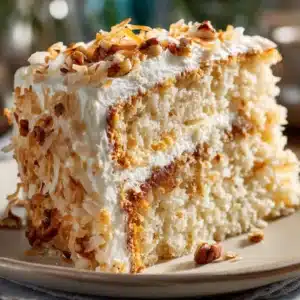 A close-up macro shot of a slice of moist white chocolate cake, showing the tender crumb and a thick layer of coconut and pecan filling.