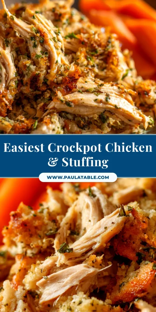 An overhead shot of a white serving dish filled with delicious Slow Cooker Chicken and Stuffing, garnished with fresh parsley.