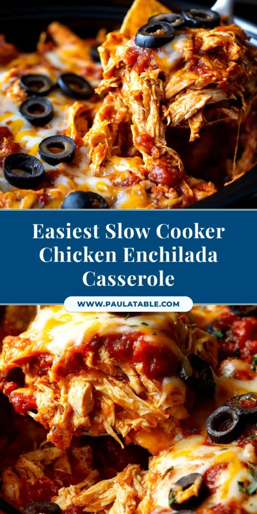 A close-up overhead shot of a cheesy Slow Cooker Chicken Enchilada Casserole in a black crockpot, topped with fresh cilantro.