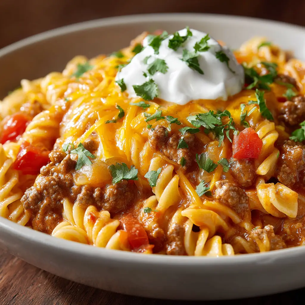 A close-up shot of a spoonful of slow cooker taco pasta, showing the melted cheese and hearty ground beef sauce.