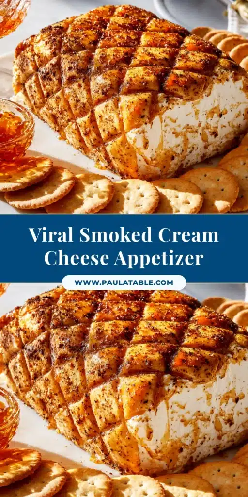 A perfectly golden-brown block of smoked cream cheese, scored and seasoned, ready to be served as an easy appetizer.