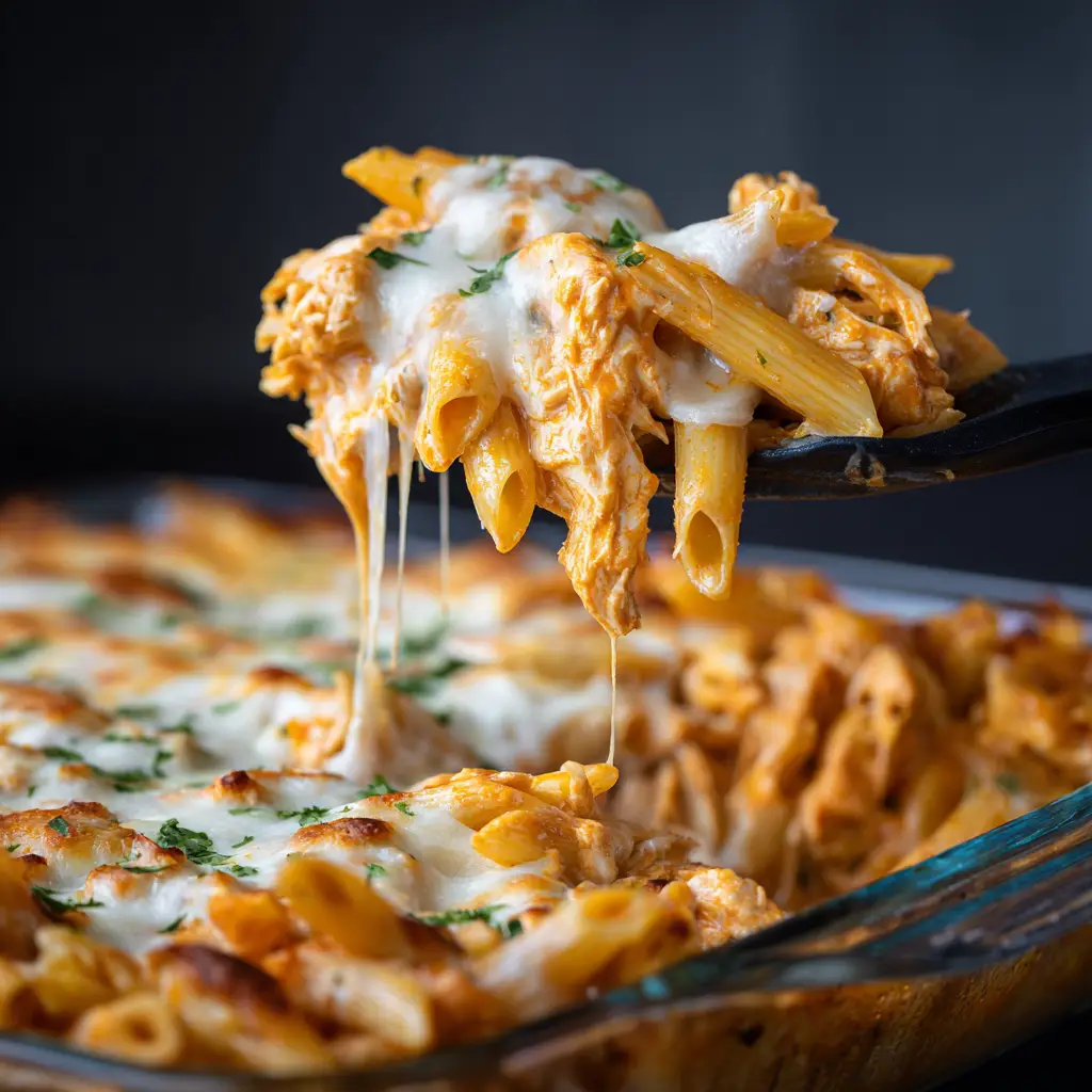 A large skillet filled with the finished buffalo chicken pasta, ready to be served.