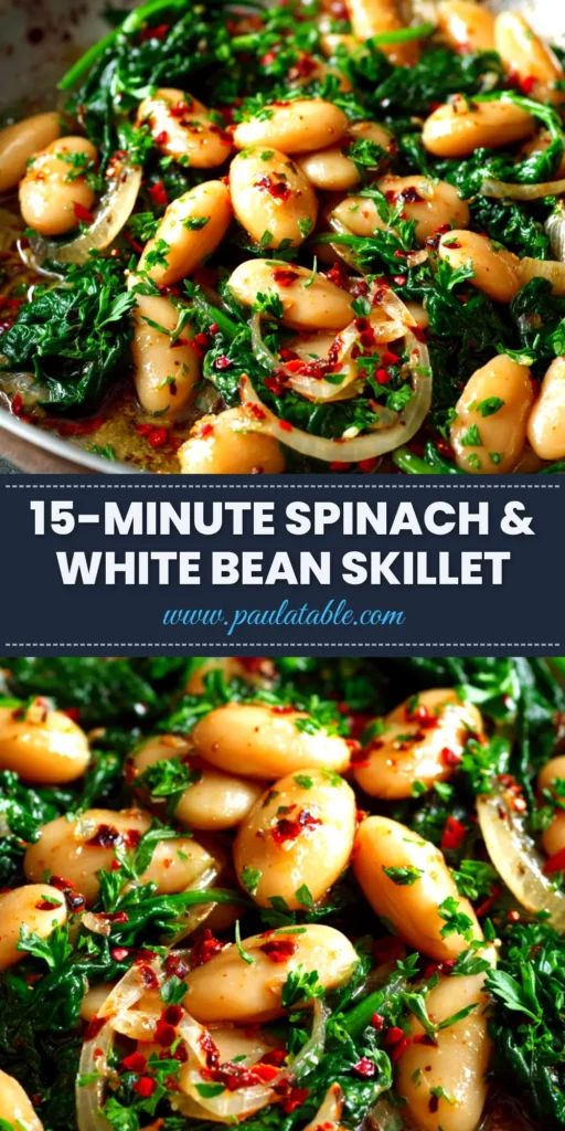 Spinach and White Bean Recipe (Simple & Savory) 4 An overhead shot of a skillet filled with a savory Spinach and White Bean Recipe, garnished with fresh parmesan and a lemon wedge. A text overlay reads '20-Minute Spinach and White Bean Skillet'.